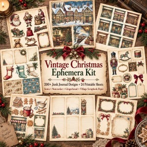 May include: A vintage Christmas ephemera kit featuring 24 printable sheets with over 200 junk journal designs. The collection includes illustrations of Santa, nutcrackers, gingerbread, snowy village scenes, stockings, and decorative frames.