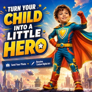 Könnte beinhalten: Eine digitale Werbegrafik mit einem Kind in einem blau-orange-gelben Superheldenkostüm mit Umhang. Der Text lautet: TURN YOUR CHILD INTO A LITTLE HERO, Send Your Photo und Receive Custom Digital Art vor einer Stadtkulisse.