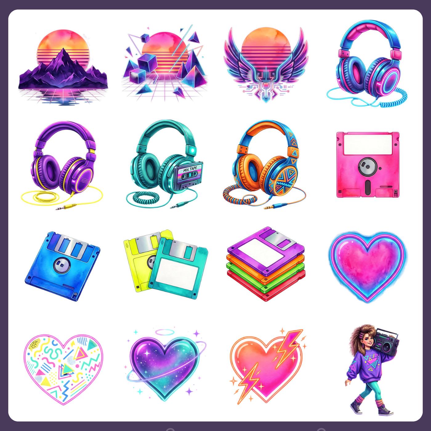 80s Clipart Set, Retro Neon PNG Bundle, 80s Cassette Boombox Roller ...