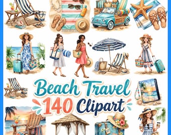 Strandreizen clipartbundel, kustvakantie png, zomerreizen clipart, strandplannerelementen, 140 png
