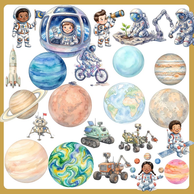 Watercolor Space Clipart Bundle Astronaut Rocket Planets Nursery PNG ...