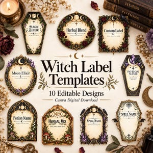 Pode incluir: Uma coleção de dez modelos de etiquetas de bruxa editáveis com molduras góticas ornamentadas, formas de caixão e designs circulares com motivos botânicos, lunares e de cristal. O texto inclui Witch Label Templates, 10 Editable Designs e Canva Digital Download.