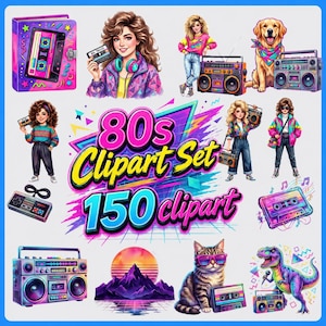 May include: A digital collection of 80s themed clipart featuring a cassette tape, a person with headphones, a boombox, a golden retriever, a video game controller, a cat with sunglasses, a dinosaur, and mountains with the text 80s Clipart Set 150 clipart.