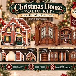 Può includere: Un kit folio Christmas House in download digitale con modelli di carta stampabili. L'immagine mostra una casa in mattoni rossi e un mobile in legno, visualizzando sia i pezzi piatti che le strutture 3D finite e assemblate.