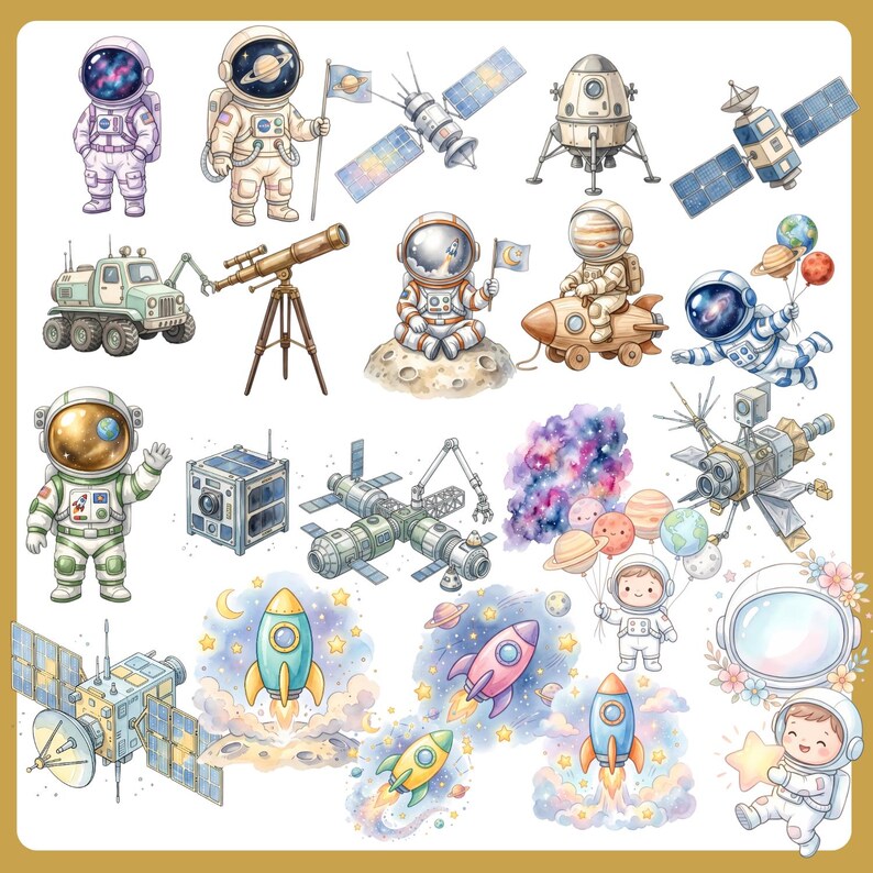 Watercolor Space Clipart Bundle Astronaut Rocket Planets Nursery PNG ...