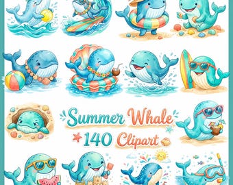 Summer Whale Clipart Bundle, Whale PNG, Beach Ocean Clipart, Summer Animals, Watercolor Whale, 140 Designs