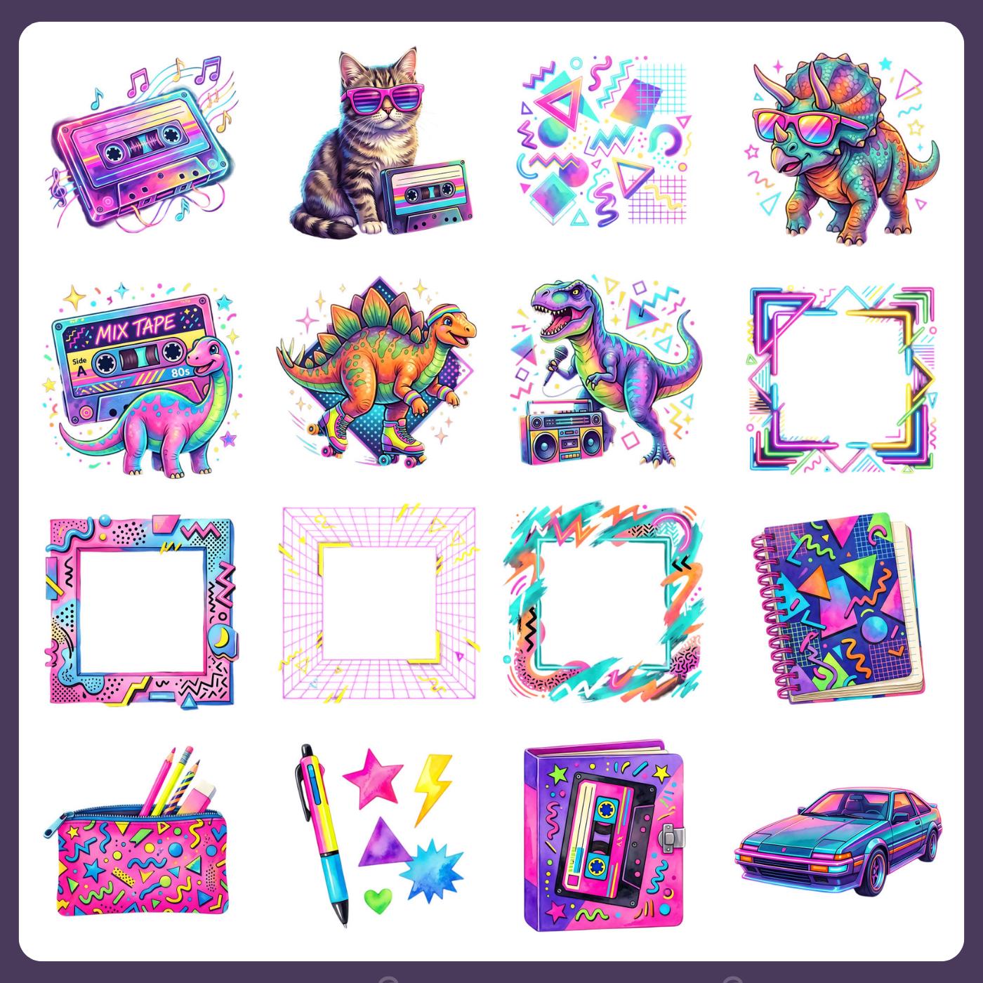 80s Clipart Set, Retro Neon PNG Bundle, 80s Cassette Boombox Roller ...