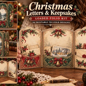 May include: A Christmas Letters & Keepsakes Loaded Folio Kit featuring 50 printable tri-fold designs. The kit includes decorative paper folders with pockets, adorned with illustrations of winter landscapes, holly, pine branches, and gold bells.