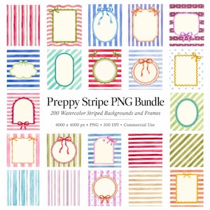 May include: A digital collection titled Preppy Stripe PNG Bundle featuring 200 watercolour striped backgrounds and frames. The image displays various square patterns with colourful stripes, polka dots, and decorative frames adorned with bows.