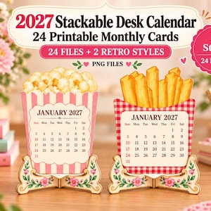 2027 Stackable Desk Calendar | Fries & Popcorn, 24 Printable Monthly Cards, 2 Retro Calendar Styles, Digital Download PNG