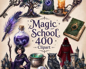 Magie Schule Clipart Bundle PNG, 400 Zauberer Elemente, Fantasy Akademie, Zauberbücher, Zauberstäbe, Tränke, kommerzielle Nutzung