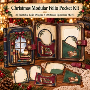 Puede incluir: Un kit de bolsillo modular navideño con 25 diseños de folio imprimibles y 10 hojas de efímeros adicionales. El kit incluye un folio azul oscuro y rojo con una ilustración de ventana y libros, además de varios bolsillos y etiquetas de papel festivos.
