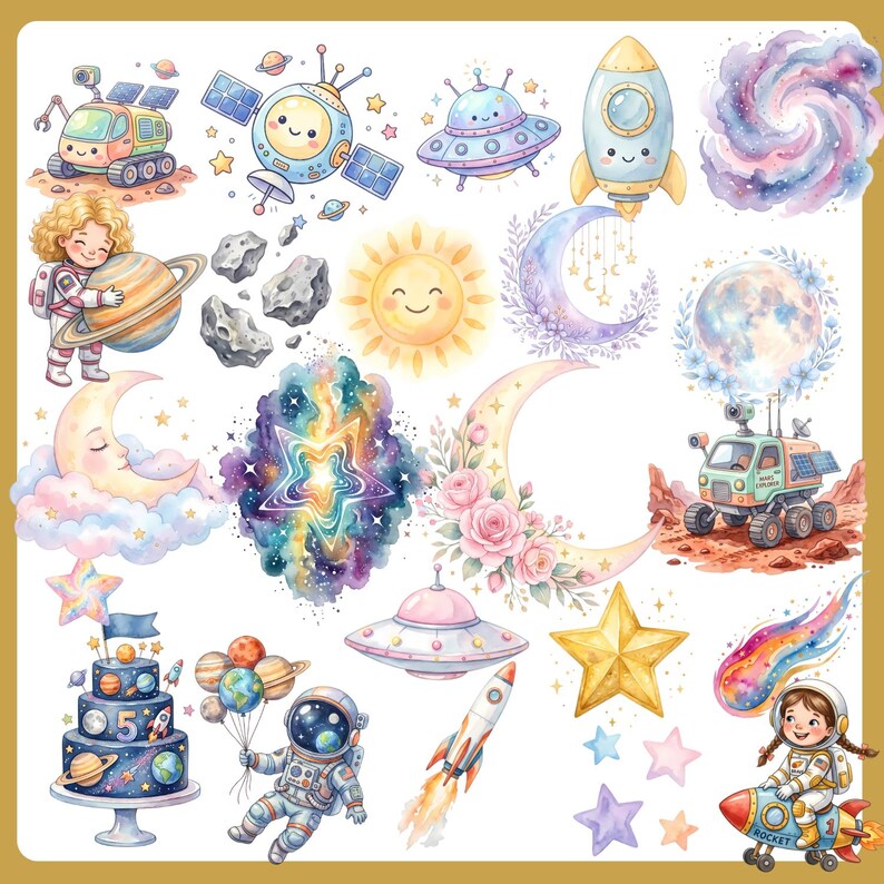 Watercolor Space Clipart Bundle Astronaut Rocket Planets Nursery PNG ...