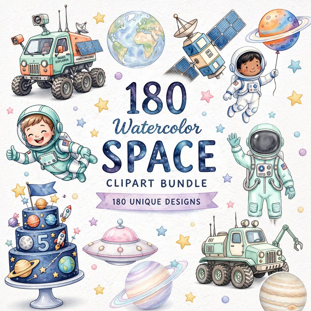 Watercolor Space Clipart Bundle Astronaut Rocket Planets Nursery PNG ...