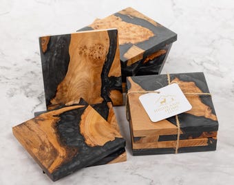 Handmade Highland Wood & Resin Coasters: Night Black Square