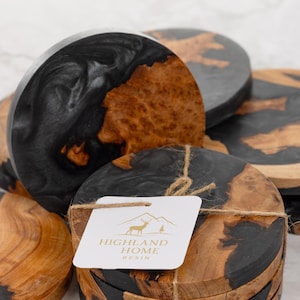 Handmade Highland Wood & Resin Coasters: Shimmering Night Black