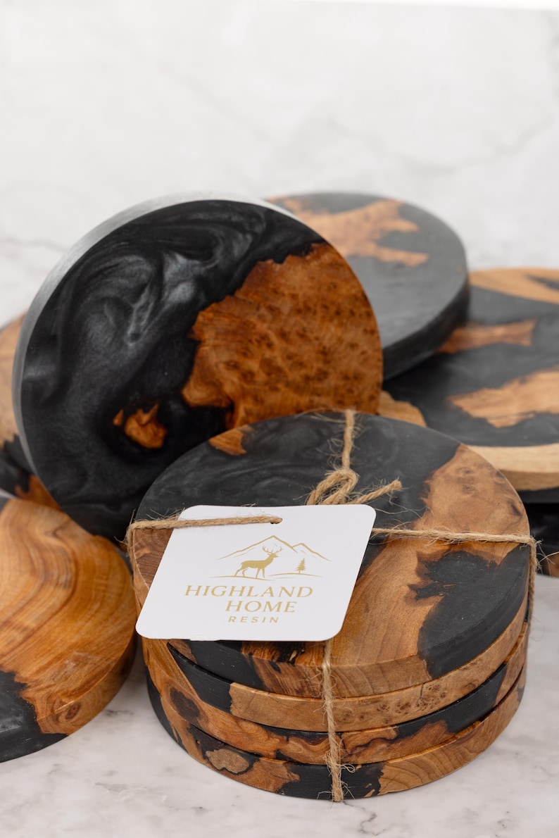 Handmade Highland Wood & Resin Coasters: Shimmering Night Black