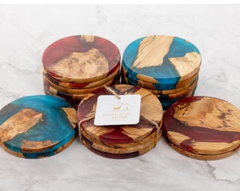 Handmade Highland Wood & Resin Coasters: Red and Blue