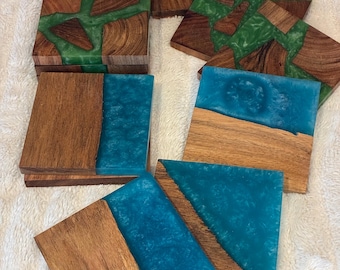 Handcrafted Scottish Nature Resin Coasters: Rustic Wood Marbling (Blue and Green)