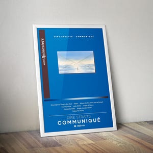 May include: A framed poster for the Dire Straits album "Communiqué." The poster features a blue background with the album title and tracklist. A rectangular image of a person on a beach is in the center. The Warner Remasters logo is on the left.