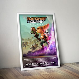 May include: A framed poster for the video game "Ratchet & Clank: Rift Apart." The artwork features the game's characters in a vibrant, action-packed scene with a purple and green color scheme. The game's title and release date are displayed at the bottom.