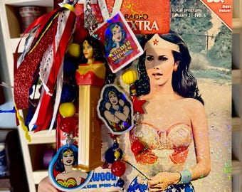 Wonder Woman Composition Notebook for journaling or planning with matching journal bag charm.