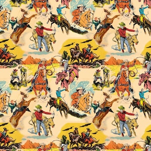 May include: A repeating pattern featuring cowboys on horseback, roping cattle, and riding bucking broncos. The illustrations are in a vintage comic book style, with a yellow and orange desert landscape background.