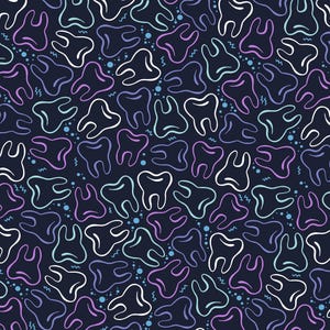 Pode incluir: Um padrão repetitivo de dentes estilizados em contornos brancos, roxos e verde-azulados sobre um fundo azul marinho escuro. O design inclui pequenos pontos azuis e linhas em zigue-zague, criando um tema dentário caprichoso.