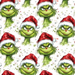Pode incluir: Padrão repetitivo do Grinch usando um gorro de Papai Noel. O Grinch é verde com um sorriso travesso e nariz vermelho. O fundo é branco com flocos de neve e respingos de tinta.