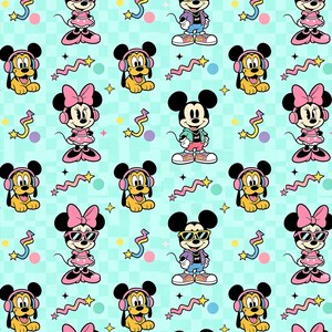 May include: A repeating pattern featuring Mickey Mouse, Minnie Mouse, and Pluto in various poses. Mickey and Minnie wear sunglasses and stylish outfits. Pluto wears headphones. The background is a light blue checkered pattern with colorful accents.