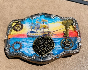 Hebilla de cinturón, pintura de barco pirata en miniatura con moneda española