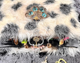 Handmade Journal, Black and White Fuzzy Monster, 6-ring binder, A6 paper OOAK notebook