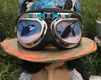 Sombrero de copa hecho a mano con gafas, orcas pintadas, talla 7 a 7 1/8