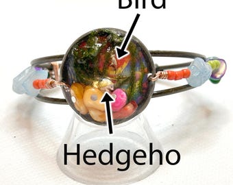 Erizo al atardecer, piedras preciosas, pulsera Terrain, brazalete ajustable de alambre tejido
