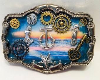Hebilla de cinturón, sirena con mini pintura náutica oceánica, engranajes steampunk y llaves