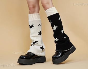 Y2K Kawaii Knitted Leg Warmers | Harajuku Star Cat Leg Warmers | Grunge Goth Boot Covers for Platform Shoes | Cute Anime Socks.