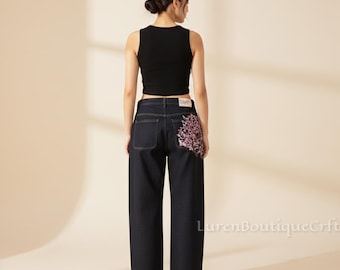 Y2K Embroidered Cherry Blossom Jeans | Japanese Selvedge Denim Pants | Floral Embroidery Artistic Streetwear Denim | Wide Leg Retro Fashion.