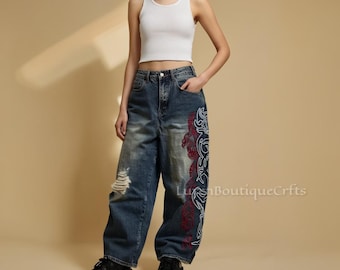 Baggy Y2K Jeans | Retro Embroidered Wide Leg Denim Pants | Hip Hop Skater Streetwear | Vintage High Street American Style Unisex Jeans.