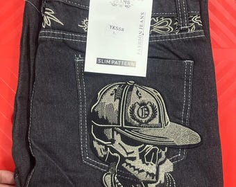 Y2K American New Trend Hip-Hop Gothic Embroidered Jeans | Men’s Street Harajuku Leisure Loose Straight Wide-Leg Pants | Unisex Jeans.