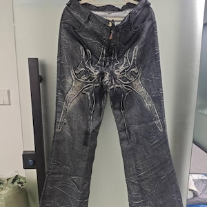 Y2K Baggy Jeans, Gothic Embroidered Wide Leg Denim, Unisex Streetwear, Vintage Hip Hop Pants, Oversized Skater Style image 5