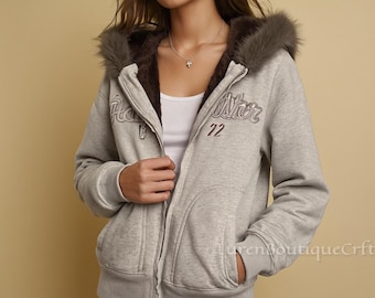 Y2K Faux Fur Hoodie – Streetwear Zip Jacket | Vintage Fur Patchwork Grunge Hoodie | Letter Embroidery Cropped Aesthetic Zipper Sweatshirt.