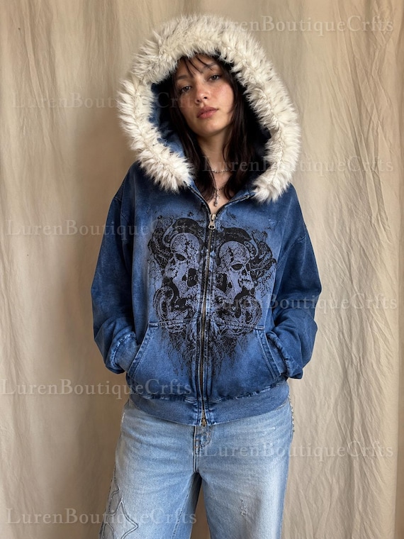 Y2K Gothic Fur Hoodie Zip up Jacket, Blue Grunge Skull Print