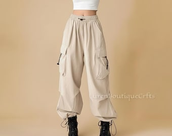 Cargo Pocket Jogger Pants for Women | Relaxed Fit Adjustable Waist | Baggy Y2K Streetwear Cargo Joggers | Wide Leg Casual Tech Pants
