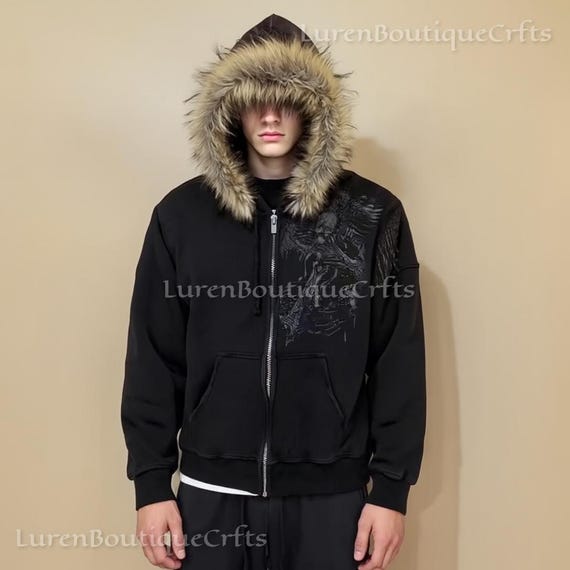 Y2K Unisex Black & Grey Emo Goth Zip-up Hoodie With Faux Fur Hood