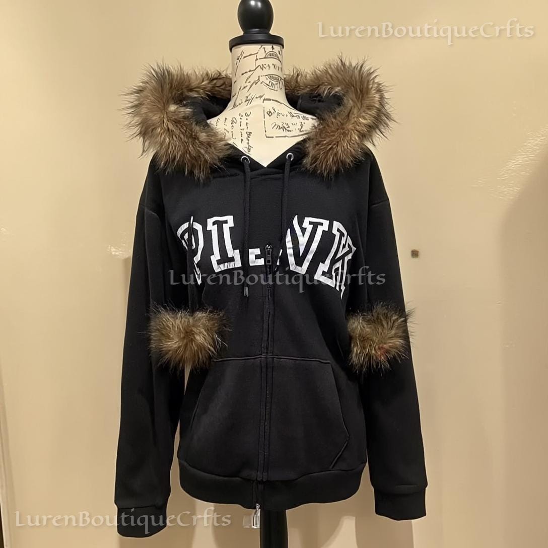 Y2K Gothic Fur Hood Zip Hoodie for Women | Vintage Retro