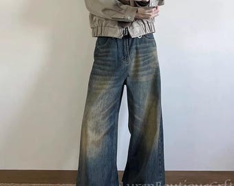 Vintage Washed Wide Leg Jeans | Distressed Baggy Denim Pants | Unisex 90s Grunge Streetwear | American Style Straight Fit Jeans, Baggy Jeans