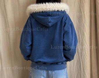 Y2K Gothic Fur Hoodie Zip up Jacket, Blue Grunge Skull Print