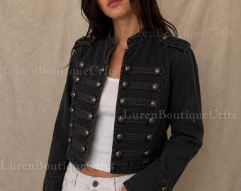 Y2K Gothic Military Jacket Women, Cropped Black Grunge Jacket, Emo Alt Punk Streetwear Coat, Vintage Button Up Jacket.