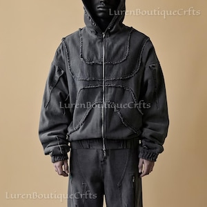 Sudadera con capucha y cremallera de vanguardia gris oscuro / Chaqueta técnica de mezclilla desgastada / Sudadera con capucha de estilo urbano futurista / Sudadera con capucha unisex de gran tamaño / Y2K. imagen 1