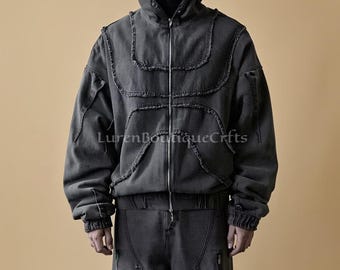 Dark Gray Avant-Garde Zip Up Hoodie | Distressed Denim Techwear Jacket | Futuristic Streetwear Hooded Top | Unisex Oversized Hoodie | Y2K.
